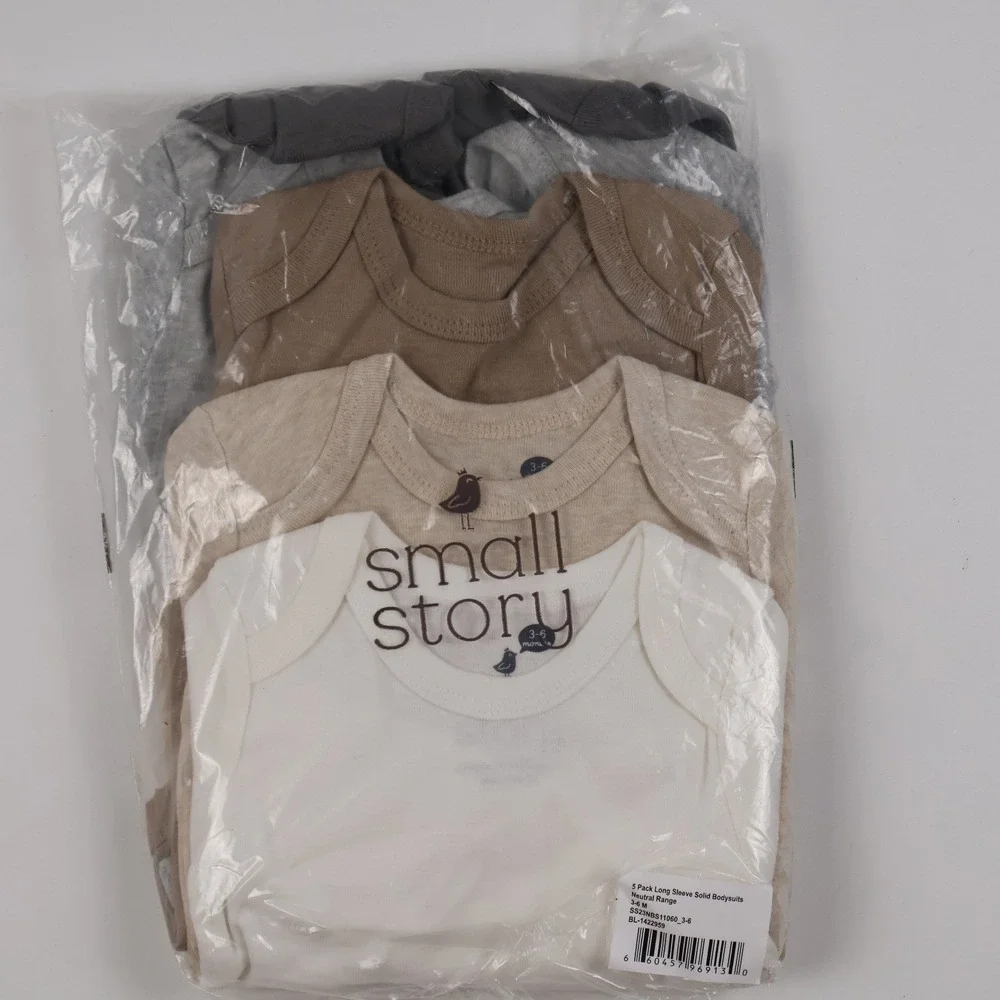 Small Story 5 Pack Long Sleeve Solid Bodysuits Neutral Range 3-6M New